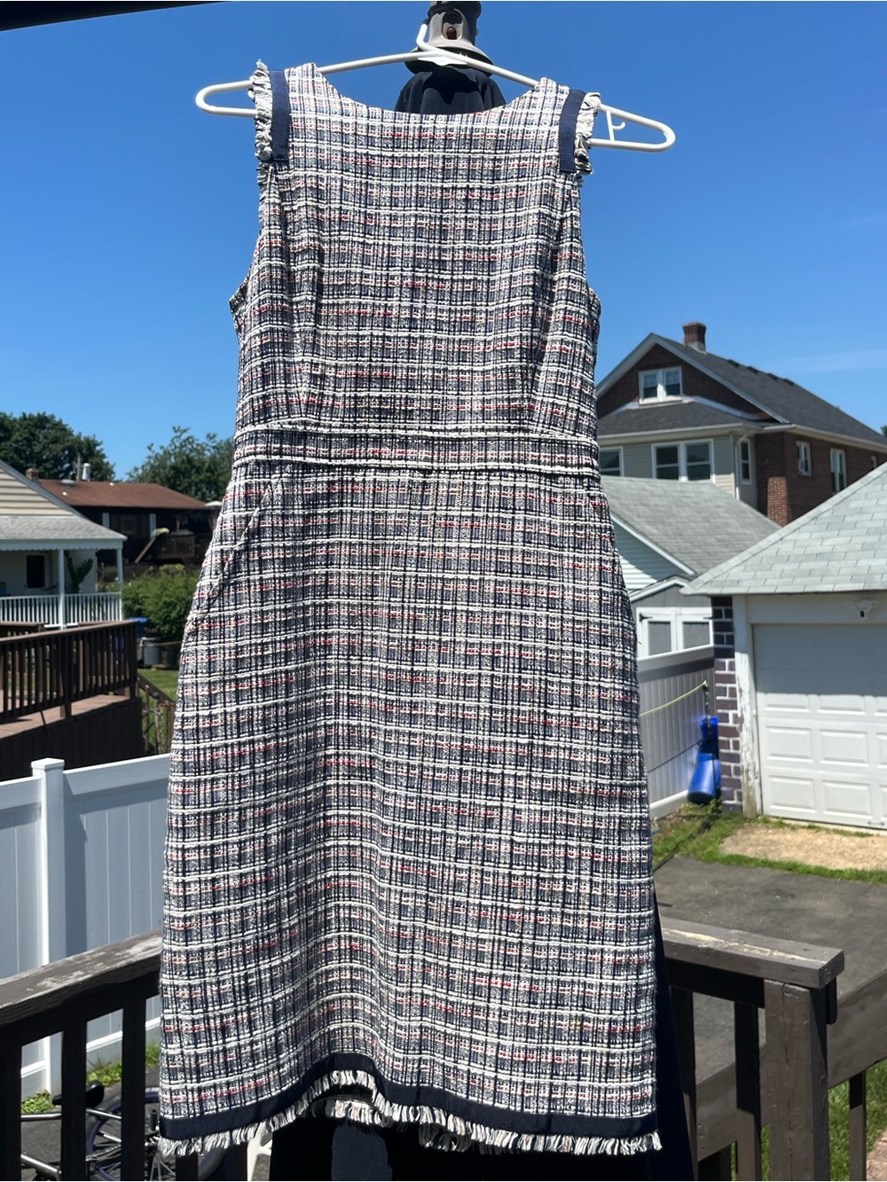 J. Crew Sleeveless Tweed Midi Dress in Black, White and Red Plaid